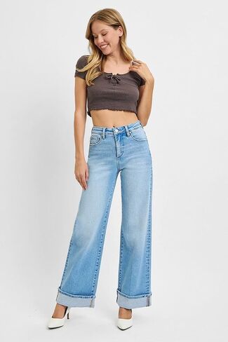 SALT TREE Risen Jeans - Tummy Control High Rise Cuffed Wide Jeans - PW21046 in Kuwait