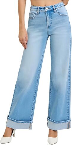 SALT TREE Risen Jeans - Tummy Control High Rise Cuffed Wide Jeans - PW21046 in Kuwait