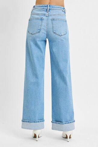 SALT TREE Risen Jeans - Tummy Control High Rise Cuffed Wide Jeans - PW21046 in Kuwait