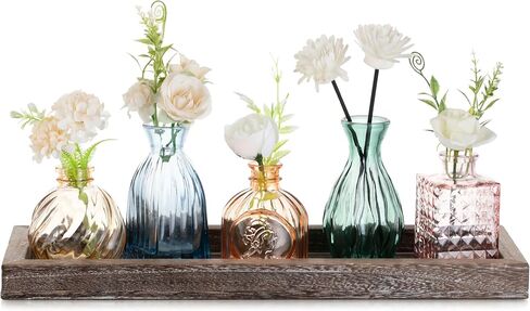 Glasseam Glass Bud Vases for Flower: 5 Colorful Small Vases Set with Rustic Wooden Tray for Home Office Living Room Bathroom - Vintage Table Centerpieces for Birthdays Wedding Housewarming Gifts in Saudi Arabia