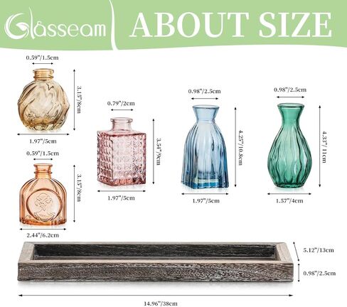 Glasseam Glass Bud Vases for Flower: 5 Colorful Small Vases Set with Rustic Wooden Tray for Home Office Living Room Bathroom - Vintage Table Centerpieces for Birthdays Wedding Housewarming Gifts in Saudi Arabia