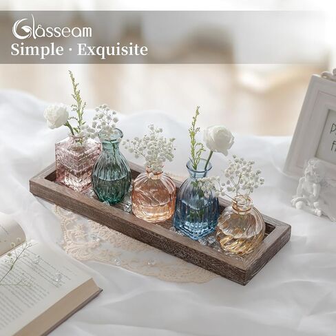 Glasseam Glass Bud Vases for Flower: 5 Colorful Small Vases Set with Rustic Wooden Tray for Home Office Living Room Bathroom - Vintage Table Centerpieces for Birthdays Wedding Housewarming Gifts in Saudi Arabia