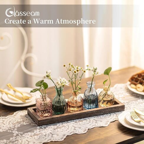 Glasseam Glass Bud Vases for Flower: 5 Colorful Small Vases Set with Rustic Wooden Tray for Home Office Living Room Bathroom - Vintage Table Centerpieces for Birthdays Wedding Housewarming Gifts in Saudi Arabia