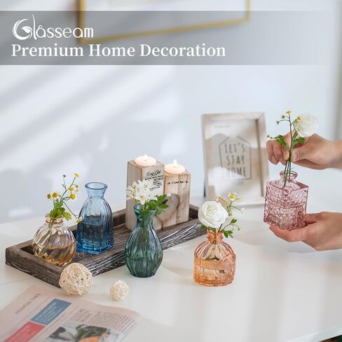 Glasseam Glass Bud Vases for Flower: 5 Colorful Small Vases Set with Rustic Wooden Tray for Home Office Living Room Bathroom - Vintage Table Centerpieces for Birthdays Wedding Housewarming Gifts in Saudi Arabia