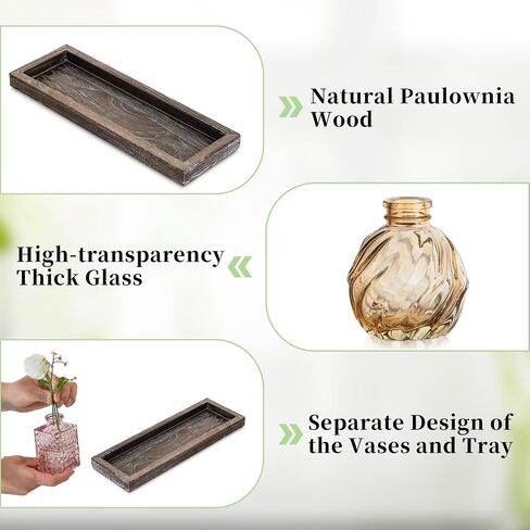 Glasseam Glass Bud Vases for Flower: 5 Colorful Small Vases Set with Rustic Wooden Tray for Home Office Living Room Bathroom - Vintage Table Centerpieces for Birthdays Wedding Housewarming Gifts in Saudi Arabia