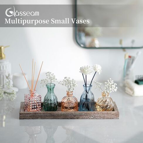 Glasseam Glass Bud Vases for Flower: 5 Colorful Small Vases Set with Rustic Wooden Tray for Home Office Living Room Bathroom - Vintage Table Centerpieces for Birthdays Wedding Housewarming Gifts in Saudi Arabia