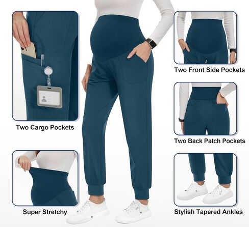 PACBREEZE Women's Maternity Scrubs with 6 Pockets, Workwear Maternity Jogger Scrubs Pregnancy Pants, S-XXL(Update Black, Large) in Kuwait