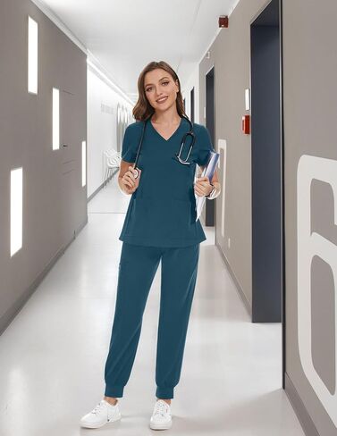 PACBREEZE Women's Maternity Scrubs with 6 Pockets, Workwear Maternity Jogger Scrubs Pregnancy Pants, S-XXL(Update Black, Large) in Kuwait