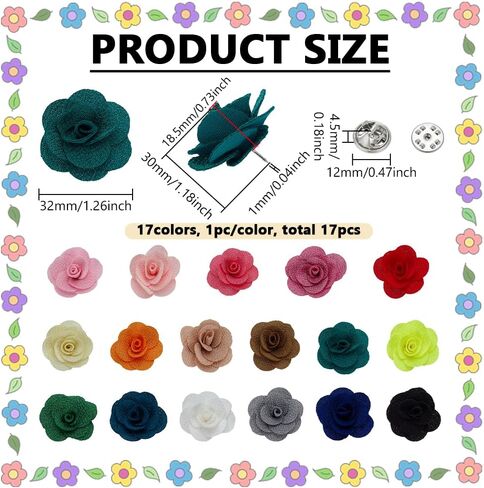 FINGERINSPIRE 17Pcs Camellia Flower Lapel Pins with Metal Pins 17 Colors Handmade Camellia Flower Cloth Brooch for Suits Party Decoration Gifts Clothes Accessories(3cm/1.2inch Long） in Saudi Arabia