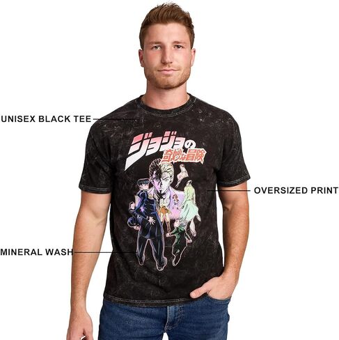 JoJo's Bizarre Adventure Group Shot Logo Text Adult Black Mineral Wash Crew Neck Short Sleeve T-Shirt in Saudi Arabia