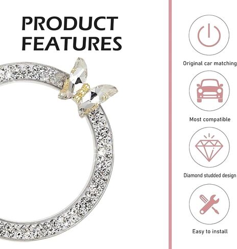 Bling Car Knobs Ring, Crystal Rhinestone Ring Emblem Sticker, Girly Butterfly Diamond Engine Start Button Cover, Push to Start Button, Key Ignition Starter&Knob Ring, Car Accessories for Women in Kuwait