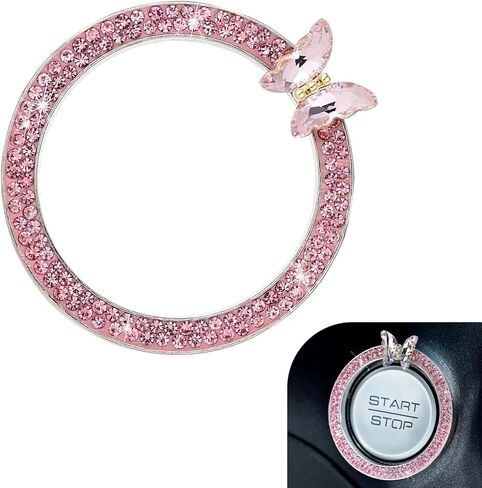 Bling Car Knobs Ring, Crystal Rhinestone Ring Emblem Sticker, Girly Butterfly Diamond Engine Start Button Cover, Push to Start Button, Key Ignition Starter&Knob Ring, Car Accessories for Women in Kuwait