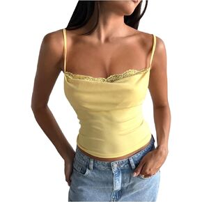 Milumia Women's Lace Trim Cowl Neck Cami Top Y2K Tie Back Spaghetti Strap Tank Tops in Kuwait