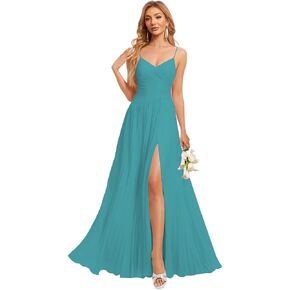Spaghetti Strap V Neck Bridesmaid Dresses with Slit 2025 Long Chiffon Pleated A-Line Formal Dress for Women in Saudi Arabia