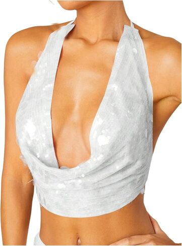 MakeMechic Women's Women Sparkly Halter Crop Tops Open Open Back Backed Front Club Festival Top Top in Kuwait
