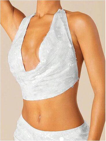 MakeMechic Women's Women Sparkly Halter Crop Tops Open Open Back Backed Front Club Festival Top Top in Kuwait