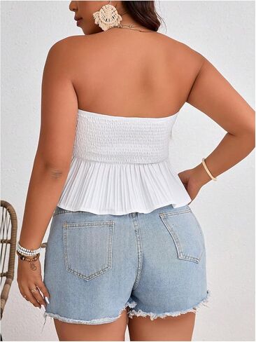 Makemechic Women's Plus Summer Summer Summer Bardless Tube Top Slicfiveless Hend Hem Shirred Bandeau Tops in Saudi Arabia
