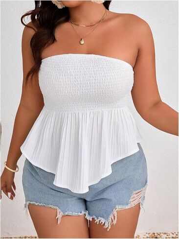 Makemechic Women's Plus Summer Summer Summer Bardless Tube Top Slicfiveless Hend Hem Shirred Bandeau Tops in Saudi Arabia