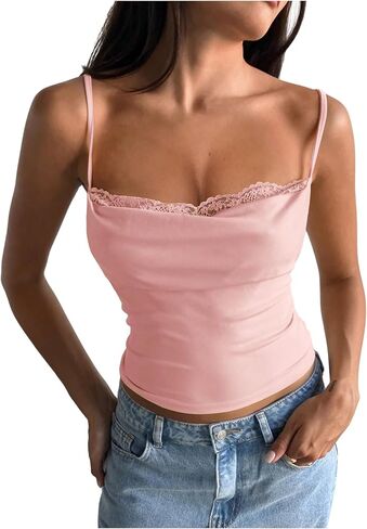 Milumia Women's Lace Trim Cowl Neck Cami Top Y2K Tie Back Spaghetti Strap Tank Tops in Kuwait
