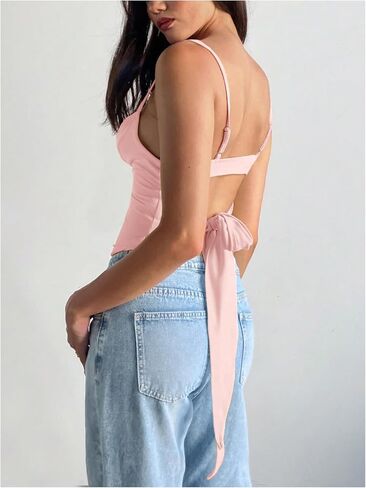 Milumia Women's Lace Trim Cowl Neck Cami Top Y2K Tie Back Spaghetti Strap Tank Tops in Kuwait