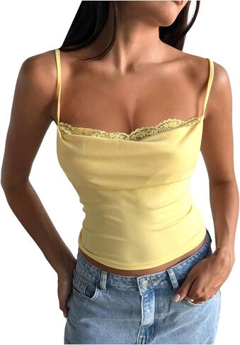 Milumia Women's Lace Trim Cowl Neck Cami Top Y2K Tie Back Spaghetti Strap Tank Tops in Saudi Arabia