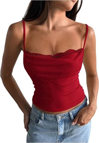 Milumia Women's Lace Trim Cowl Neck Cami Top Y2K Tie Back Spaghetti Strap Tank Tops in Kuwait