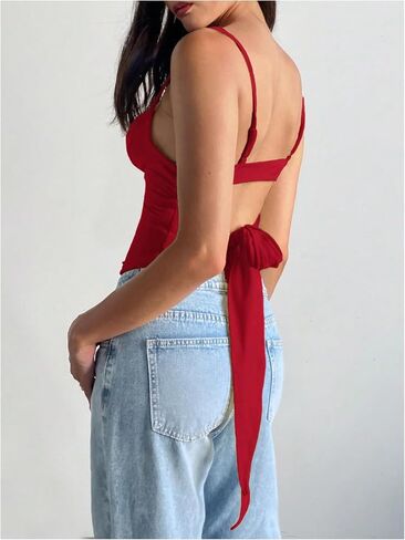 Milumia Women's Lace Trim Cowl Neck Cami Top Y2K Tie Back Spaghetti Strap Tank Tops in Kuwait