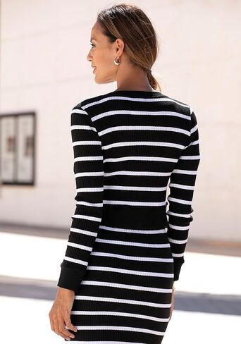 LASCANA Women's Striped Cropped Cardigan - Fitted Ribbed Knit with Rounded Neckline & Silver Button Placket in Saudi Arabia