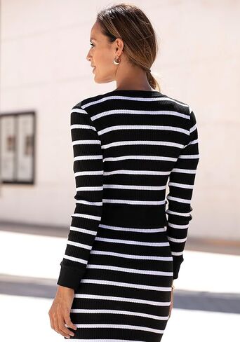 LASCANA Women's Striped Cropped Cardigan - Fitted Ribbed Knit with Rounded Neckline & Silver Button Placket in Saudi Arabia