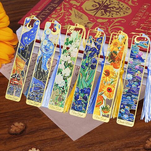 Kinsound 4pcs Metal Bookmarks with Tassel, Golden Van Gogh Monet Oil Painting Theme Cute Book Markers for Reading Women, Men, Kids, Book Lovers, Reading Accessories Gifts for Book Lovers in Saudi Arabia