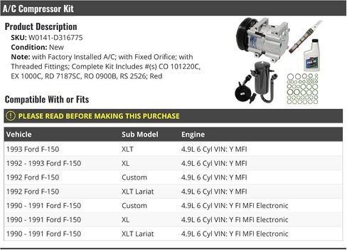 AC Compressor Kit - Compatible with 1990-1993 Ford F-150 4.9L 6-Cylinder VIN Y (with Factory Installed AC and Red Fixed Orifice),W0141-D316775 in Saudi Arabia