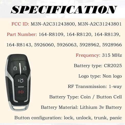 نوبات استبدال مفتاح FOB لـ Ford Edge Fusion 2015-2016 Explorer 2016-2017 Mustang 2015 2016 2017 Smart Compless Entry Entry Remote Control M3N-A2C31243800 164-R8109 315 MHz in Saudi Arabia