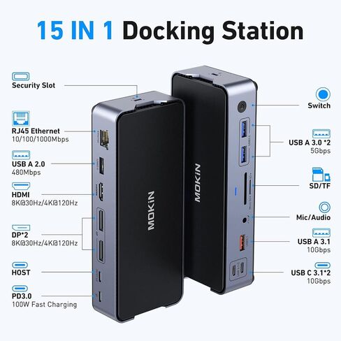 8K USB C Laptop Docking Station,Docking Station 3 Monitors with 1*HDMI, 2*DisplayPort,15 in 1 USB C Dock for Dual/Triple Monitors,6 *USB Ports,100W PD,Ethernet,SD&TF,Audio,for Dell/HP/MacBook/Lenovo in Saudi Arabia