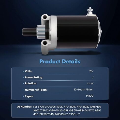 ECCPP Starter Motor Fit for 1989-1993 for John Deere STX30 Kohler 9HP;Replace STC0026 AM117130 5775;12 Volt, CCW, 10-Tooth Pinion in Saudi Arabia