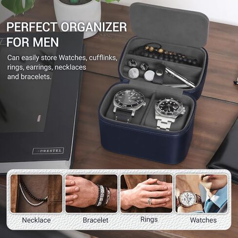 Conbola 2 Watch Travel Case للرجال الذين لديهم مقصورة ملحقات ، صندوق ساعة مضغوط للرجال مجوهرات العلبة مع Microsuede Interior ، PU Leather Protect Fits Watches & Smartwatches حتى 55 ملم. (الأزرق العميق) in Kuwait