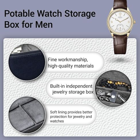 Conbola 2 Watch Travel Case للرجال الذين لديهم مقصورة ملحقات ، صندوق ساعة مضغوط للرجال مجوهرات العلبة مع Microsuede Interior ، PU Leather Protect Fits Watches & Smartwatches حتى 55 ملم. (الأزرق العميق) in Kuwait