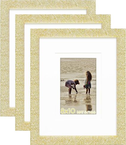 8x10 Glitter Picture Frame Set of 3, Stylish Sparkling Photo Frames with 5x7/4x6 Mat, Solid Wood and Real Glass for Tabletop or Wall Mount, Cute Home Office Decor, Pink in Saudi Arabia