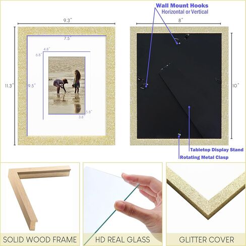 8x10 Glitter Picture Frame Set of 3, Stylish Sparkling Photo Frames with 5x7/4x6 Mat, Solid Wood and Real Glass for Tabletop or Wall Mount, Cute Home Office Decor, Pink in Saudi Arabia
