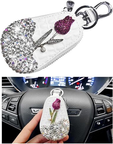 Mandark Bling Car Key Case, Genuine Leather Crystal Rhinestone Vehicle Key Fob Protector, Automotive Smart Keychain Holder for Remote Key Fob, Universal Keyring Zipper Bag Accessories (White) in Saudi Arabia