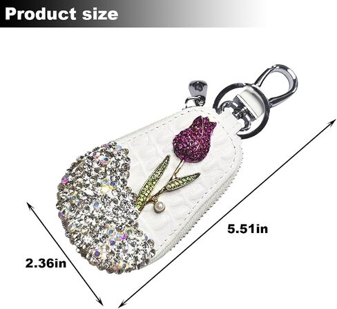 Mandark Bling Car Key Case, Genuine Leather Crystal Rhinestone Vehicle Key Fob Protector, Automotive Smart Keychain Holder for Remote Key Fob, Universal Keyring Zipper Bag Accessories (White) in Saudi Arabia