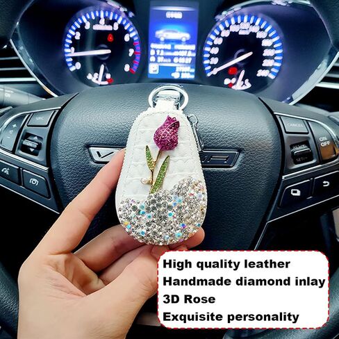 Mandark Bling Car Key Case, Genuine Leather Crystal Rhinestone Vehicle Key Fob Protector, Automotive Smart Keychain Holder for Remote Key Fob, Universal Keyring Zipper Bag Accessories (White) in Saudi Arabia