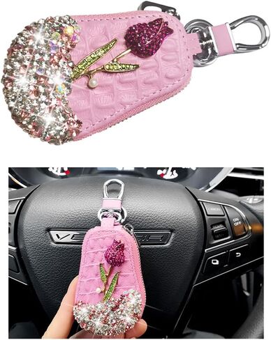 Mandark Bling Car Key Case, Genuine Leather Crystal Rhinestone Vehicle Key Fob Protector, Automotive Smart Keychain Holder for Remote Key Fob, Universal Keyring Zipper Bag Accessories (White) in Saudi Arabia
