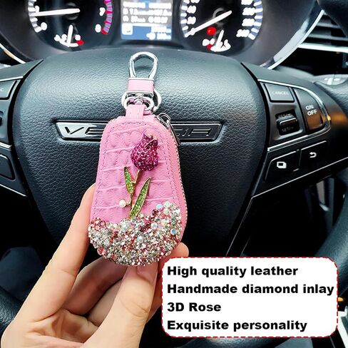 Mandark Bling Car Key Case, Genuine Leather Crystal Rhinestone Vehicle Key Fob Protector, Automotive Smart Keychain Holder for Remote Key Fob, Universal Keyring Zipper Bag Accessories (White) in Saudi Arabia