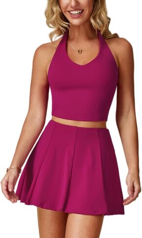 ABOCIW Womens 2 Piece Tennis Skirt Set V Neck Halter Tank Top Pleated High Waisted Skirt Skort Active Golf Outfits in Saudi Arabia