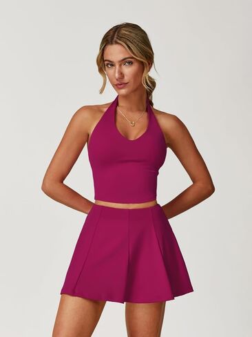 ABOCIW Womens 2 Piece Tennis Skirt Set V Neck Halter Tank Top Pleated High Waisted Skirt Skort Active Golf Outfits in Saudi Arabia