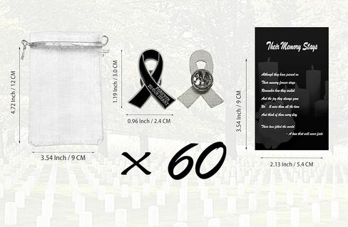 60 مجموعة دبابيس الشريط الجنازة التذكارية دبوس إلى الأبد في قلوبنا طية صدر طية دبوس بروش مع بطاقات الصلاة وأكياس الأورجانزا in Kuwait