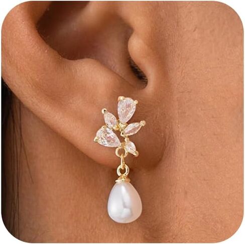 Hanli 14k Gold Plated Prom Prom Pearl Elegant arics for Brides - Gold CZ Dangle Drop Conte Bridal arring for Women Dainty Danling Stud arrings Jewelry Trendy in Kuwait