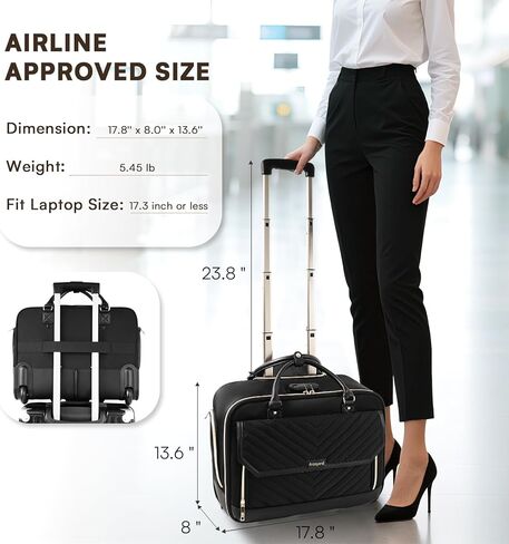 Rolling Laptop Bag, Water Resistant Briefcase for Women with Wheels, 17.3 Inch Computer Bags with Leather Handle, Roller Teacher Bag for Work Business, Flight Approved, TSA Friendly, Black in Saudi Arabia