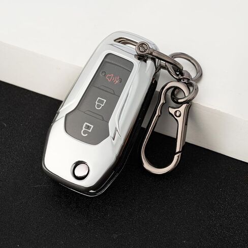 غطاء مفتاح fob for ford مع سلسلة المفاتيح ، حالة تغطية مفتاح سيارة TPU الناعمة لعام 2015-2022 فورد برونكو F-150 Escape Explorer Explorer F-250 F-350 F-350 Ranger EcoSport (Silvery) in Kuwait