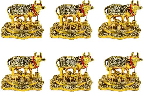NOBILITY Pooja Items Diwali Gift Golden Small Kamdhenu Cow with Calf Metal Statue Decorative Item Showpiece for Home Office Decoration Wedding Return Gifts Pack of 6 in Saudi Arabia